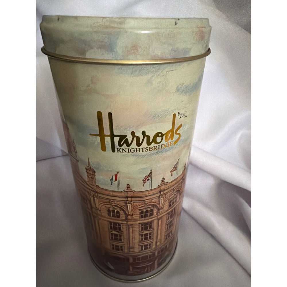Harrods Knightsbridge Biscuit Tin Collectible London Storefront Gold 200g Metal